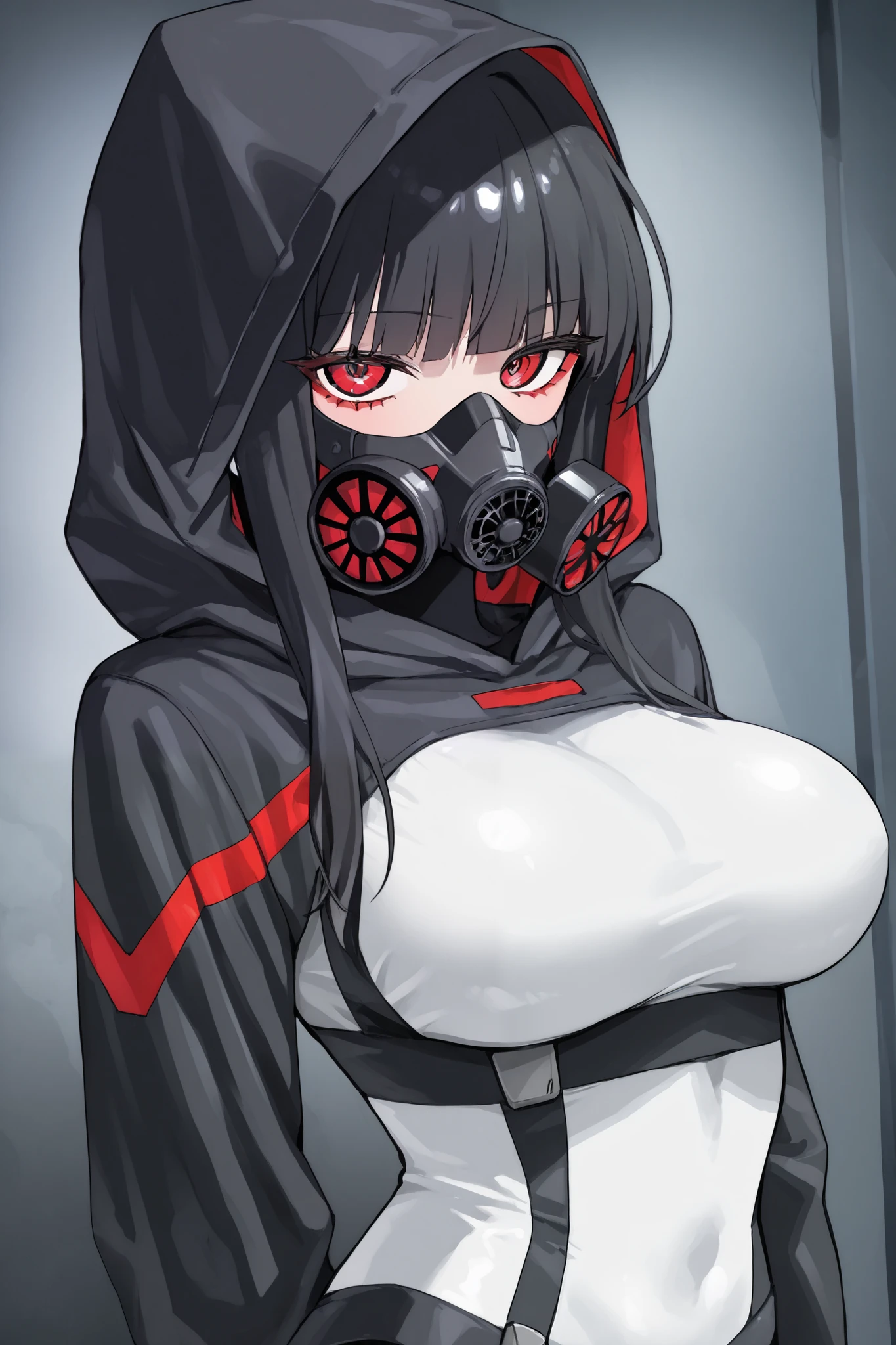  simple background, monochrome, horror (theme) there is a broken picture, black paint splatted, red blood splatted, smoked, red blood  (((anime girl character))), big boobies, wearing a mask