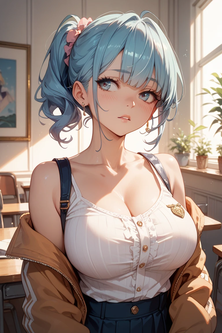 ((masterpiece, best quality;1.3)), ultra detailed, 8k unity wallpapers, CG, ray tracing, illustration, colorful, cinematic shadow, extremely detailed and beautiful background,vhd, shadering VRay,RT, 1milf,exquisite gyaru style,long green hair in pigtails, blue eyes,blush,pink lips , (huge sagging breasts:1.1), big ass, curvy body, (micro White Sweater off shoulders with wide open chest:1.2), (micro skirt:1.3) , white knee socks ,(classroom),provocative and mature demeanor ,looking at the viewer, facing the viewer , standing,glowing, glowing light, ultra detailed, scenic, atmospheric , big areola,, topless, upper body naked, breast expansion, big breast:1.5,droopy breasts:1.4