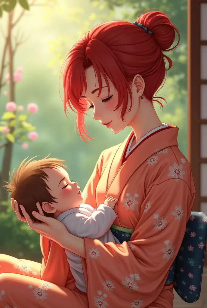 cute、Japanese、Hair is red and mesh、Breastfeeding、yukata