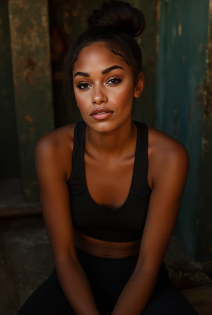A woman running down a street in the sun. A woman in a black blouse. Portrait of an ATHLETE, fierce expression, sweat on the face, [realisitic], (strong lighting: 1,2), (racing scene: 1,1), (4k resolution. Black sports bra and shorts, com eyeballs atentos, Running posture, waist 1 hyper-realistic real photo, close frontal, with passion and anger, Mulher completamente Arafed com eyeballs verdes. Pose of a strong woman, musclegirl, determinate expression, fierce gaze, athletic build, confident pose, linda jovem negra de 25 anos com darkskin volumosa com reflexos castanhos, eyeballs verdes, lindos eyeballs verdes, eyeballs verdes realistas, detailed. eyeballs, ultra-realistic, symmetrical, hyper-realistic (eyeliner, long and perfect eyelashes, the nose is small and proportional to the face and the soft contour of the face that accentuates the high cheekbones, Attractive and irresistible mouth). defined lips, fleshy lips, voluminous lips, seductive lips, captivating black lipstick, memorable, unforgettable and enigmatic. the face is oval, with high cheekbones and a well-defined chin, a beautiful, detailed face. black lipstick, gothic makeup. skin tone: brunette skin, healthy and evenly glowing, with dark skin, darkskin, garota sexy with dark skin, detailed skin texture, Beautiful and glowing skin, details Intricate, unsmooth skin, healthy and radiant appearance. hourglass-body, voluptuous body, Slender Woman, Breasts huge, well toned belly, Waist slender, Broad Hips, big hips, huge butt, thick-thighs, Long, shapely legs. 50mm Lens, f/2.8, hdr, foto RAW (8K), resolução de alta qualidade 8K uhd, dslr, 2k, 4K, 8K, 16K.
