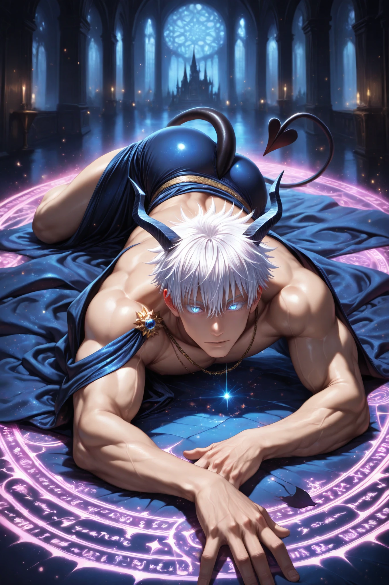(masterpiece, best quality), amazing quality, very aesthetic, absurd, high definition, latest, perfect anatomy, perfect hands, HDR, 8K, self-light, gloss, glossy color, strong coloring, masterful shading, high contrast, from front, 1man, demon king, demon horns, no wings, demon tail, (( slit pupils)), (glowing eyes:0. 5), black sclera, gojou satoru /(jujustu kaisen/), detailed eyes, blue eyes, white hair, short hair, detailed eyelashes, white eyelashes, ((muscular)), sexy man, handsome, royal robe, male fantasy fashion clothes, solo, lying sideways to the viewer, dynamic pose, lying, lying bored in his throne, bored facial expression castle interior, luxurious, glittering, shiny, sparkling, magical, particles, dark atmosphere, magical aura, magic circle, incantation circle