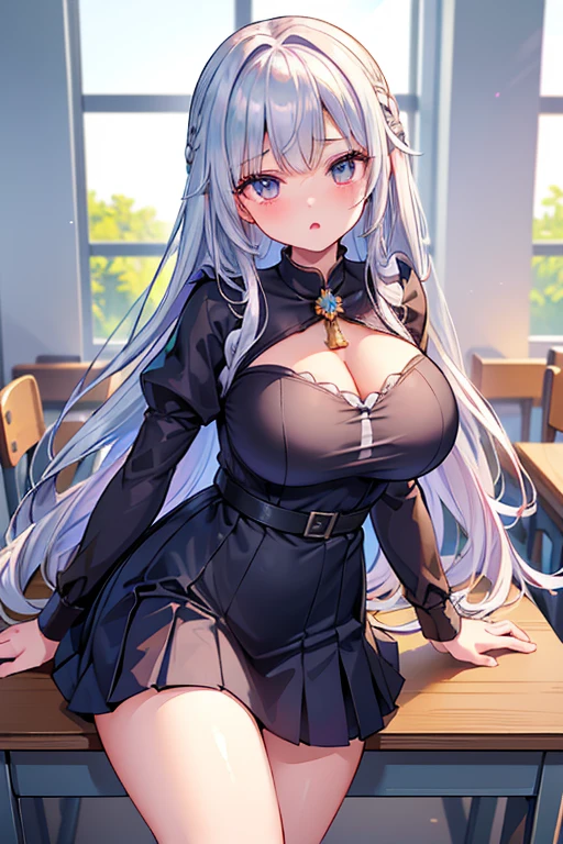 woman, beautiful librarian, tall (1.80), sexy body, seductive body, adult body, proportionate body in size, about 20 years old, adult, Erina Nakiri, librarian, long hair, dark hair, straight back hair, wearing earring, silver earring, deep blue eyes, small nose, well-proportioned nose, aligned nose, slightly pointed ears, beautiful ears, professional face, perfect face, delicate face, extremely feminine face, teeth with fangs in the upper part of the mouth, smile in love, light smile, adult woman with short ceremonial dress, medieval style, black skirt, stockings and high heels, ((above average breasts)), perky breasts, promotional breasts on the body, erect waist, above average ass, stockings black lace fishnet, posing from the front, sitting on a wooden chair, a table environment, inside an old library, a futuristic library, with Janelle Aberta showing the sun, posing from the front, looking at the viewer.