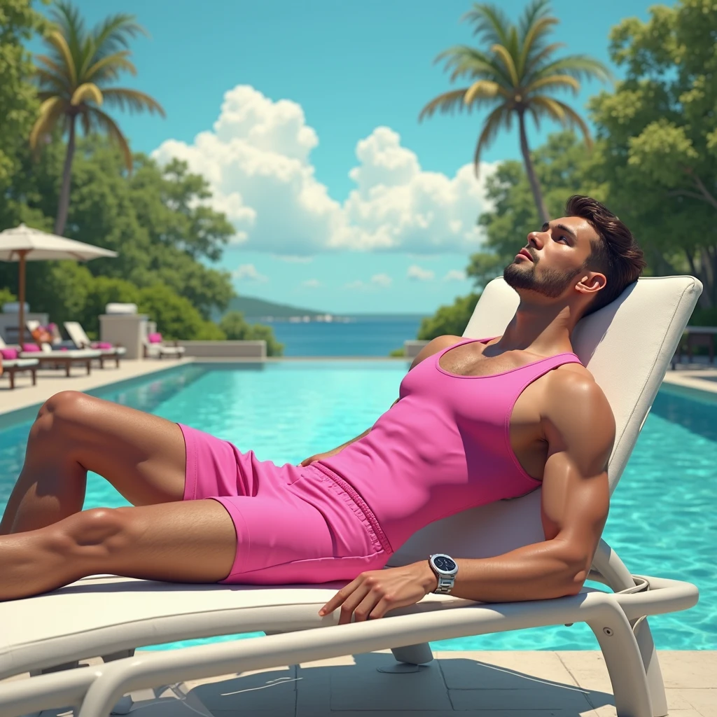 full view full body, a blond undercut haircut muscular guy Ryan Golsling as Ken (Barbie), wearing golden rings, necklaces, bracelets, pink jewelry, inflated siliconed lips, in pink hoodie crop-top, pink latex shorts, walking in pink socks and pink adilette, showing off his pink socked feet, smiling, by tropical sea beach and wooden mansion, realistic photo, hi-res