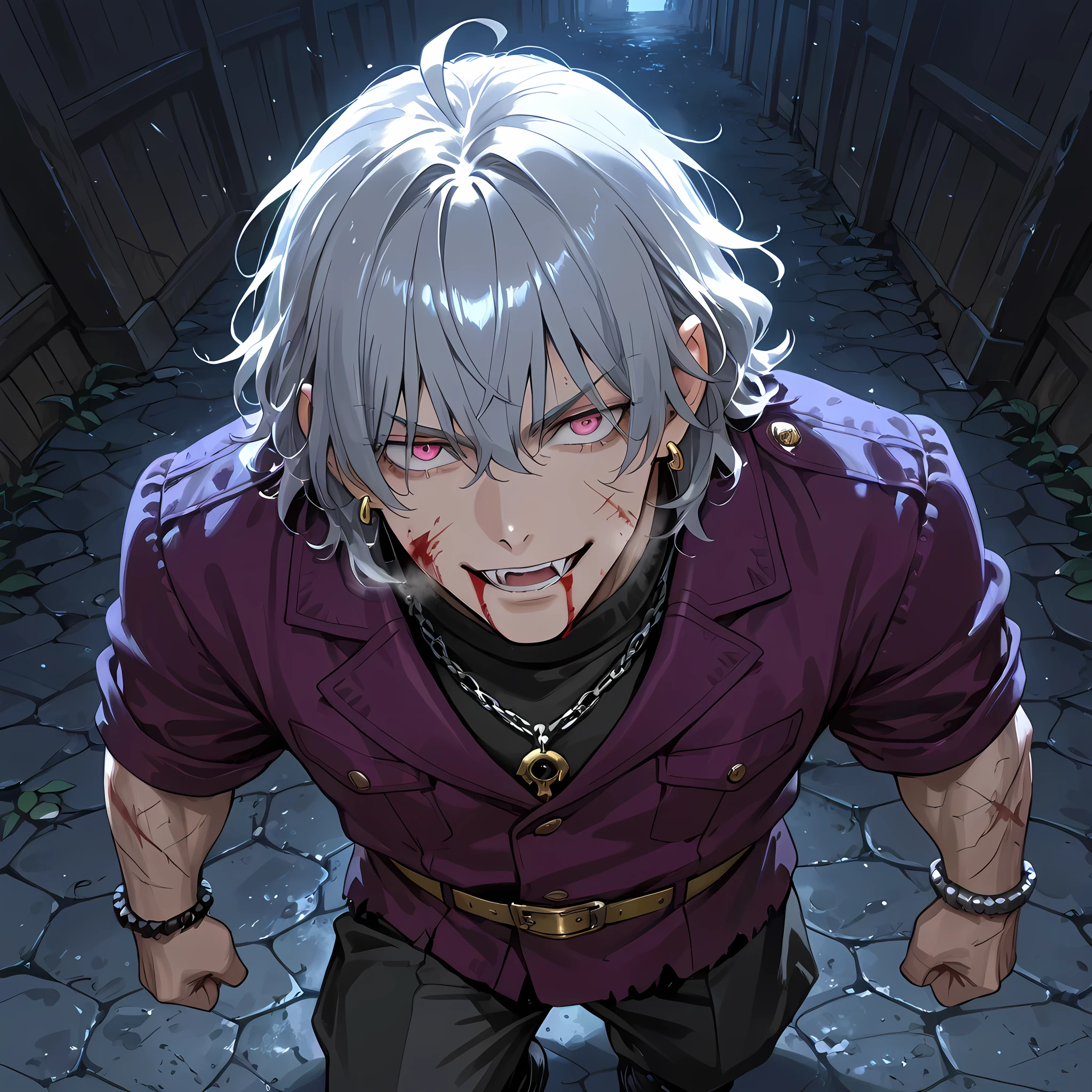 {man1}:(man1 who looks like Manjiro Sano, human ears, thirty-two year old man, wavy hair, strong-bodied man, developed physique: 1.2, muscular body: 1.2, purple jacket, gray turtleneck underneath the jacket, gold belt on long pants, black army pants, silver chain attached to the side of the pants, black leather boots, thorn bracelets on the arms, scars on the arms, burn marks on the cheeks to the middle of the neck, earrings with a waning moon pendant, short gray hair quite messy to the height of the ears, hair covering the eyes, hair tips dyed purple, eyebrows in the shape of gray flames, pink eyes, ahoge hair, heavy breathing, ((man1 with a crazy smile, sharp fangs, man1 facing a gray ogre in a fierce fight, man1 punching the gray ogre in front of him in a bloody fight, man1 advancing with punches against the scary enemy, bats appearing around man1, blood being spilled from the lips):1.4) | ((Ano Danchi no Tsuma-tachi wa... The hentai style of animation:1.4)), ((better image quality, better sharpness, better saturation, better vibrancy, better color balance, better shading, full HD, better quality of facial details)), ((fantasy anime style, richly detailed scenery, better resolution, richness of scene details, lighting balance)), (distant angle from above, top view of a house, enlarged view of the scenery of a medieval town).
