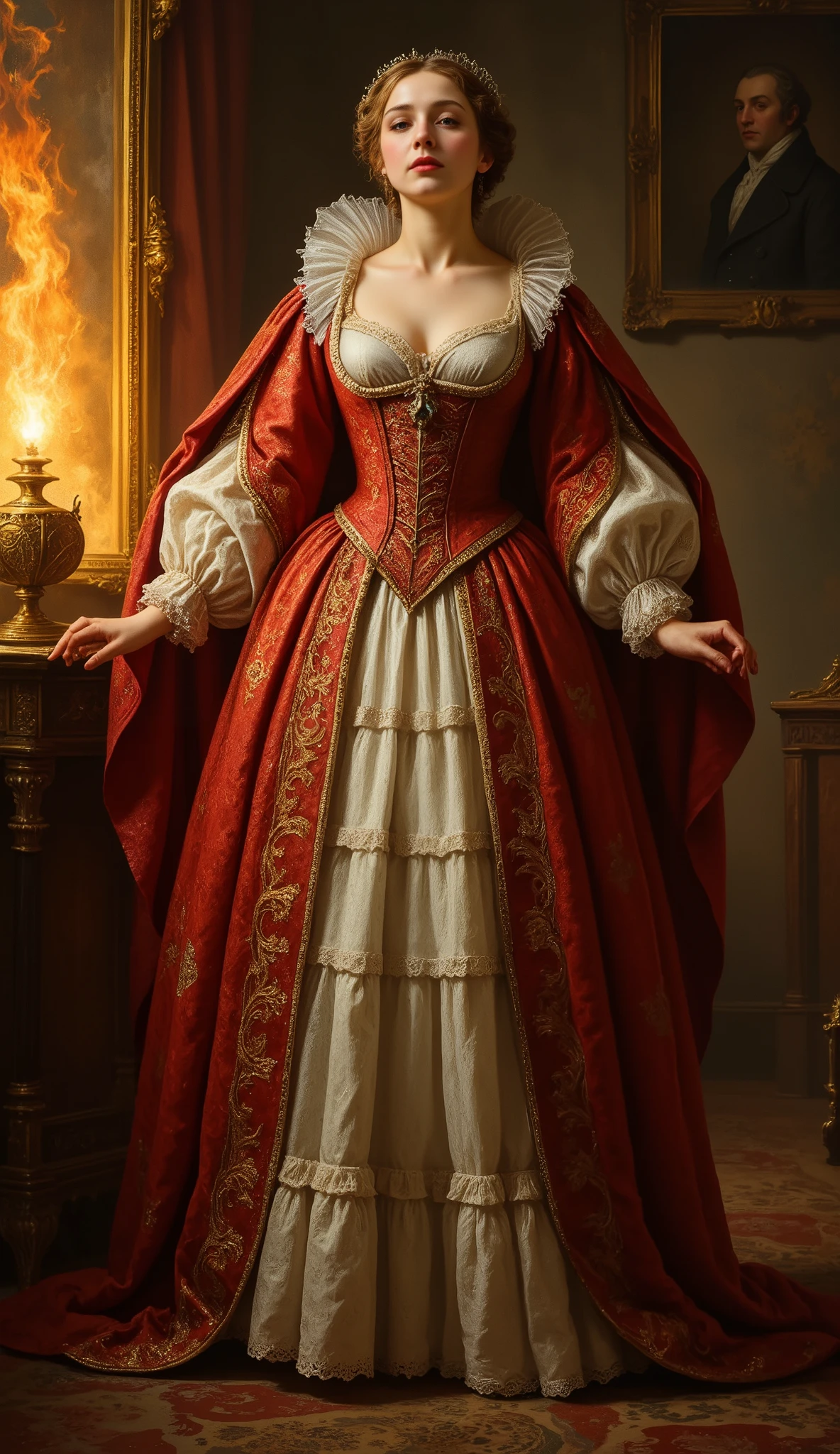 rmbt,
18th century,
The young queen,
Snow White's stepmother,
A very beautiful woman,
Her heart is as cold as ice, but her beauty is the second highest in the world,
Haughty and condescending attitude,
Her long dress is burning with fire,
The queen is furious,
She is writhing in rage,
Her body is shaking with rage,
Her fists are clenched in rage and are about to be raised,
The magic mirror,