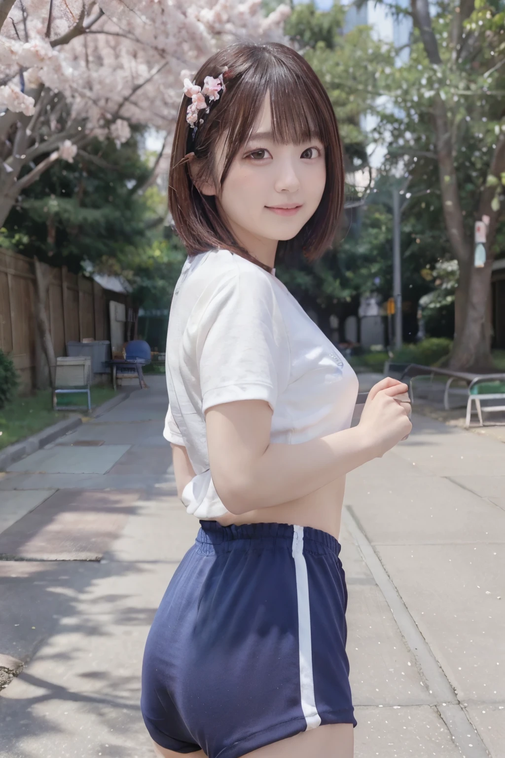 highest quality、8K、no makeup、masterpiece、ultra high resolution、Photoreal、photorealistic:1.4、18 year old girl、Gravure idol、A beautiful girl of the nation、pretty girl、big breasts、thin waist、Round eyes、very short hair、smile、walk in the big city、group of buildings、whiteYOpen the front of the shirt、show your chest、pull up the miniskirt by yourself、whiteパンティを見せる、
