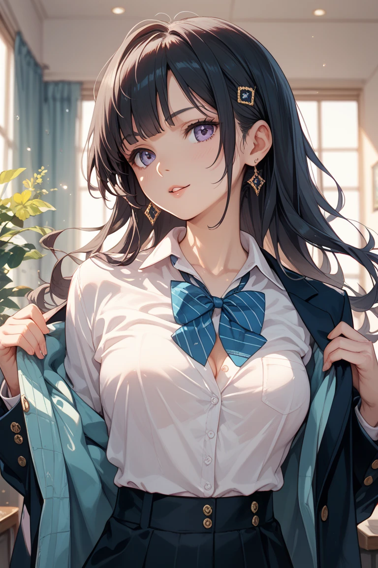 1girl, solo, hand on the hair, armpit, side boob, joyful smile, one eye close, finger on the mouth, bowtie, skirt ,jewelry, belt, indoor, light purple shirt, neck ribbon, sleeveless, unbuttoned