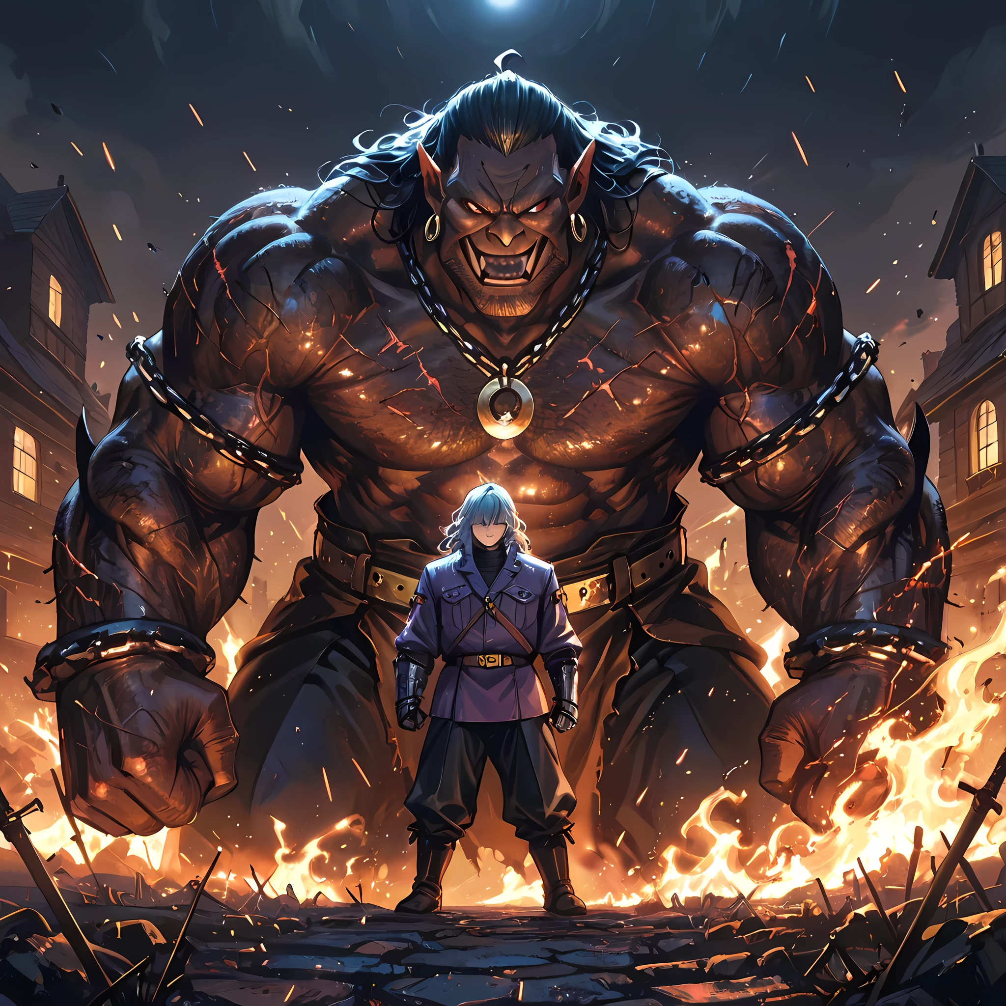 {man1}:(man1 who looks like Manjiro Sano, human ears, thirty-two year old man, wavy hair, strong-bodied man, developed physique: 1.2, muscular body: 1.2, purple jacket, gray turtleneck underneath the jacket, gold belt on long pants, black army pants, silver chain attached to the side of the pants, black leather boots, thorn bracelets on the arms, scars on the arms, burn marks on the cheeks to the middle of the neck, earrings with a waning moon pendant, short gray hair quite messy to the height of the ears, hair covering the eyes, hair tips dyed purple, eyebrows in the shape of gray flames, pink eyes, ahoge hair, heavy breathing, ((man1 with a crazy smile, sharp fangs, man1 facing a gray ogre in a fierce fight, man1 punching the gray ogre in front of him in a bloody fight, man1 advancing with punches against the scary enemy, bats appearing around man1, blood being spilled from the lips):1.4) | ((Ano Danchi no Tsuma-tachi wa... The hentai style of animation:1.4)), ((better image quality, better sharpness, better saturation, better vibrancy, better color balance, better shading, full HD, better quality of facial details)), ((fantasy anime style, richly detailed scenery, better resolution, richness of scene details, lighting balance)), (side angle, top view of a house, enlarged view of the scenery of a medieval town).