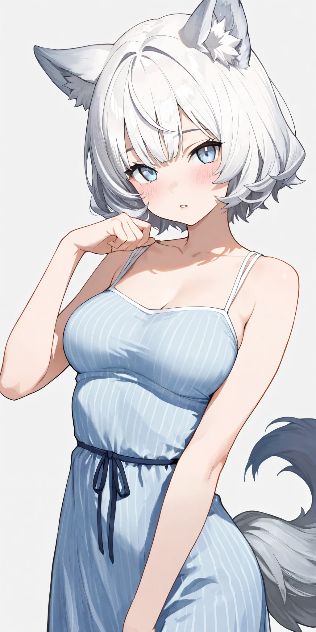 (masterpiece, best quality:1.2)((silver white hair))((violet eyes)),solo,1girl,((eyes tilted outwards)), ((standing_fox_ears)), milf ,averting_eyes,hair_between_eyes,basic_blue_hairpin,bob_hair,short_hair, (medium breasts), girly_clothes, casual_clothing, (happy pose)