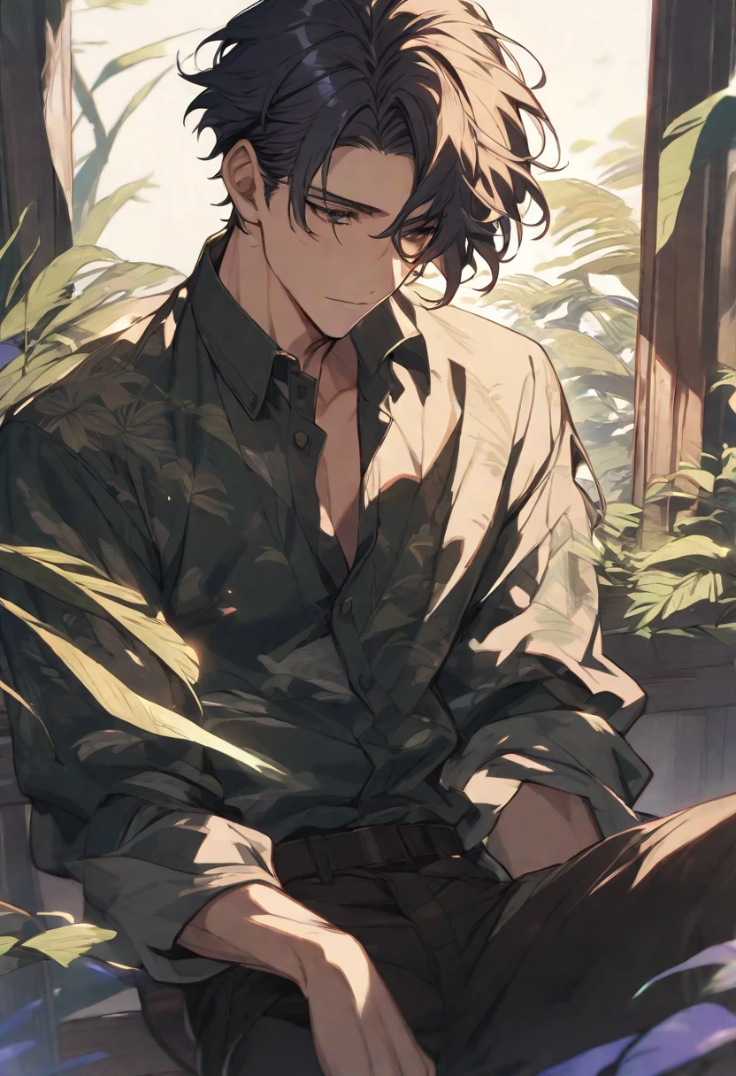 Lonely boy ,Background beautiful forest relaxing smoking , classical costumes 