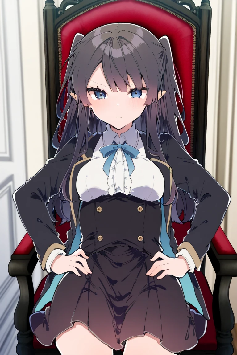 best quality, extremely detailed, anime style girl, long hair down to the waist, straight hair, dark black hair with bluish,crown braid,beautiful detailed eyes, pinched eyes, dark blue eyes, gradation eyes,huge breasts,((((English noblewoman's clothes)))),English like café,sitting on a chair,smile