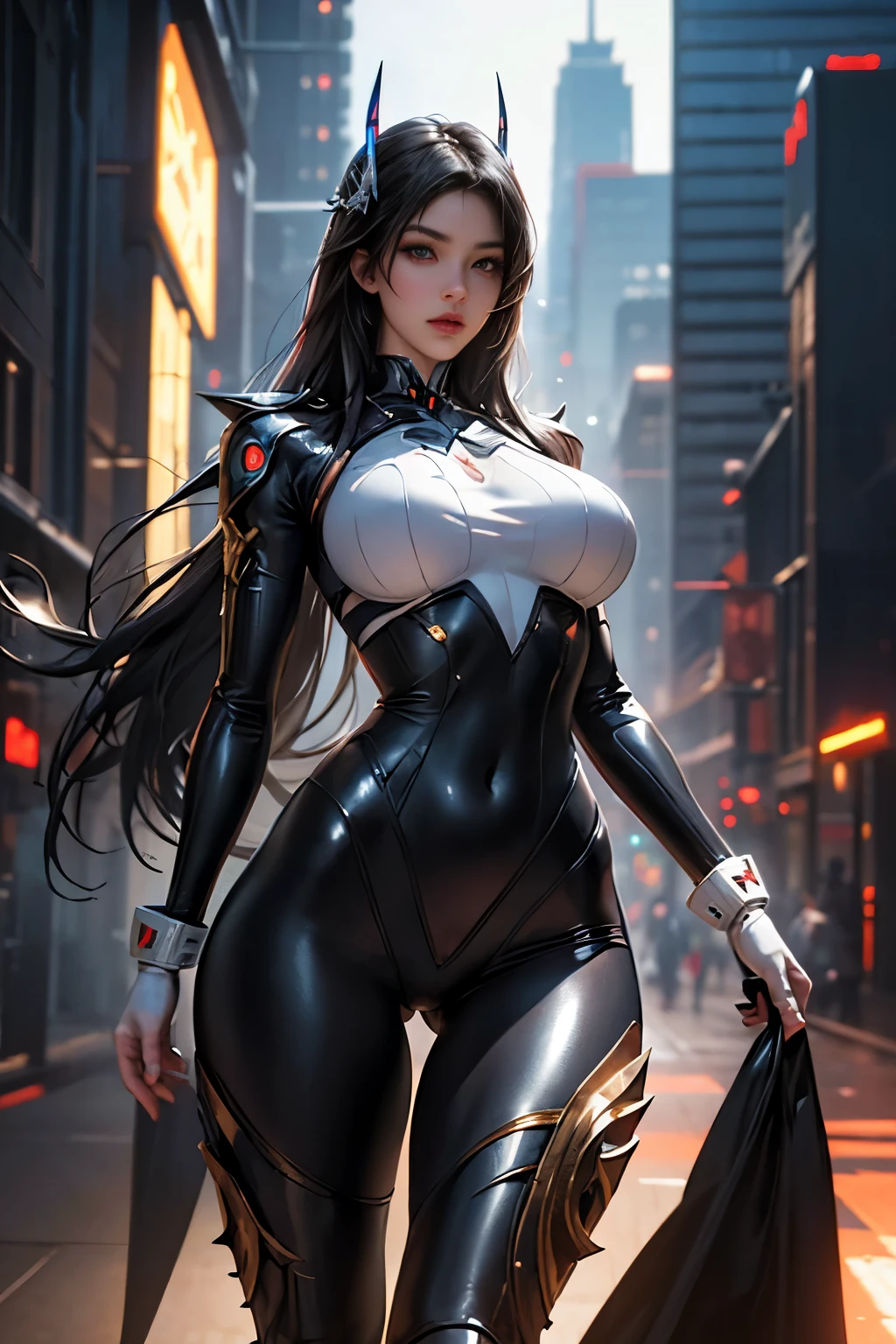 26 year old woman, beautiful face, fair skin, very long flowing black hair, blue eyes, red lips,button nose,perfect body, curvaceous body, huge breasts, slim waist, wide hips,mecha armor,modern city,night,city lights,wonderful,impressive scenery,exciting,ultra-modern,technology-driven,sleek design,dynamic,futuristic,fast-paced,majestic skyscrapers,glowing neon lights,vibrant colors,shimmering reflections,illuminated streets,glamorous,female elegance,chic attire,captivating smile,perfectly styled hair,determined gaze,high-quality,masterpiece:1.2,ultra-detailed,realistic:1.37, HDR,UHD,studio lighting,professional,vivid colors" on balcony of a tall hotel