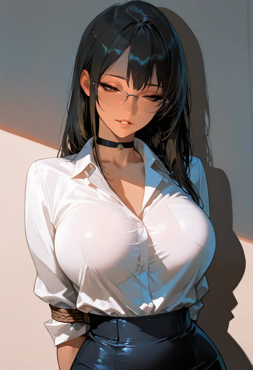 (masterpiece, best quality: 1.2), yoru(chainsaw man),(very detailed face, real image, realistic skin, realistic body, intricate details), red eyes (intimidating look), light blush, social clothing, semi-open button-up shirt (White), white bra, Skirt (black), black belt with buckle, short hair, glasses, small breasts, close-up, large thighs, classroom, blackboard.
