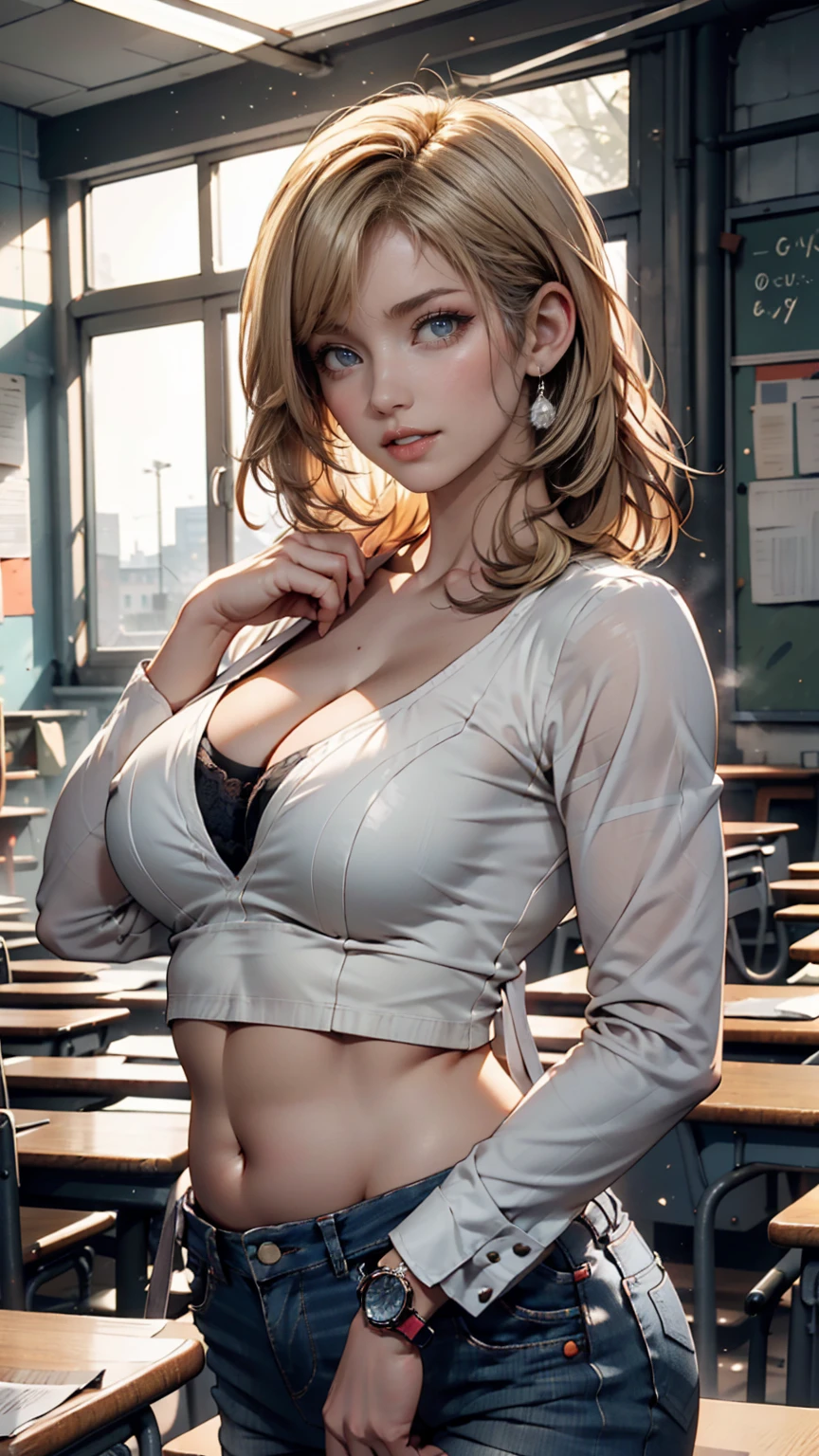 ((masterpiece, Highest)), (One girl), (Mature Woman), Light pink hair, A seduction with exposed breasts, sprawled out, (Office Lady), bangs, Big Breasts, slim, smile, [Wide Hips], Are standing, got it  (Blue File), 8K quality, Sexy seduction, (open neck suit)、Business district