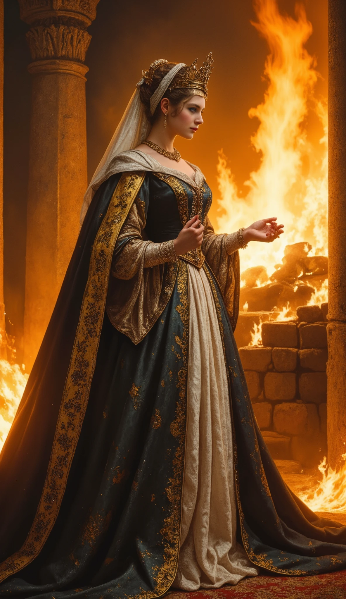 rmbt,
18th century,
1girl, 1guy,
The young queen,
Snow White's stepmother,
A very beautiful woman,
Her heart is as cold as ice, but her beauty is the second highest in the world,
Haughty and condescending attitude,
Her long dress is burning with fire,
The queen is furious,
She is writhing in rage,
Her body is shaking with rage,
Her fists are clenched in rage and ready to raise them,
She orders the hunter to kill Snow White,