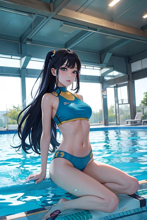 1 lady, HD quality, anime, solo full body shot, (sitting with hands back:1.3), (open legs to limit:1.5), (with one knee up:1.3), showing pubic area:, (under boob:1.6), Large breasts, (cleavage), shiny skin, smiling, (thin thighs:1.3), (Sailor uniform only for the upper body:1.5), (Crop Top sheer white shirt:1.5), (sleeveless:1.6), without brassiere, (sheer white tiny micro thong:1.5), poolside, (Green detailed eyes), blue sailor collar, red ribbon tie