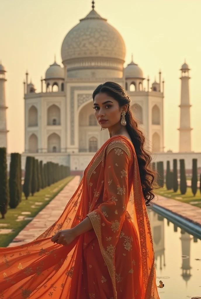 Rashmika mandhana in saree in front of taj mahal