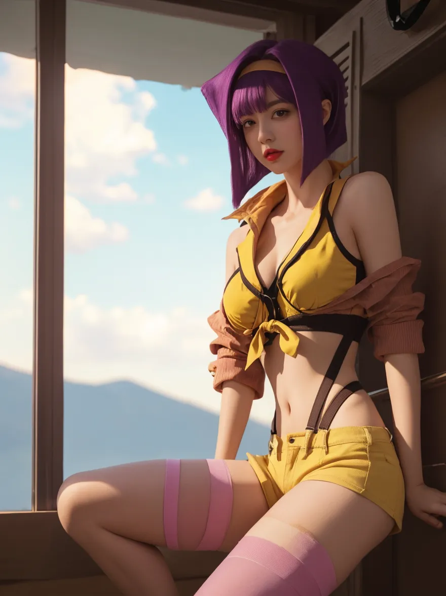 1Young woman aged 25, hermosa, Cara detallada 4K, con cuerpo fitness, cabello negro, cosplay como Yuri Sakazaki, Clothing decorated with purple and orange colors, Wide cinematographic shot, Haciendo la pose de Kunf Fu, en una llanura junto a un roble, con un hermoso amanecer de fondo