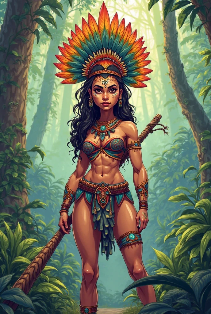 A beautiful young Brazilian indigenous woman full body with long black hair and brown skin, adorned in clothes of cotton fabric and jaguar skin, wearing plumage, bright green eyes, tribal tattoo and Red Paint on her face, wearing a spear and with an intimidating look, in the background a dark forest, cinematic light, detailed utra,