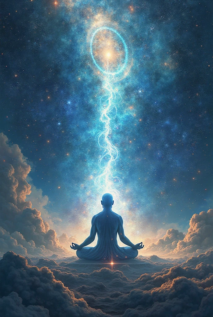 P'ke (Primordial god, radiant, planetary, elemental of light, sitting in space, only pants, meditating)(body and face of a man looking straight ahead and meditating, mystical, with a powerful aura surrounding him in the midst of an abundant field), strings running from him and connecting to the objects beside