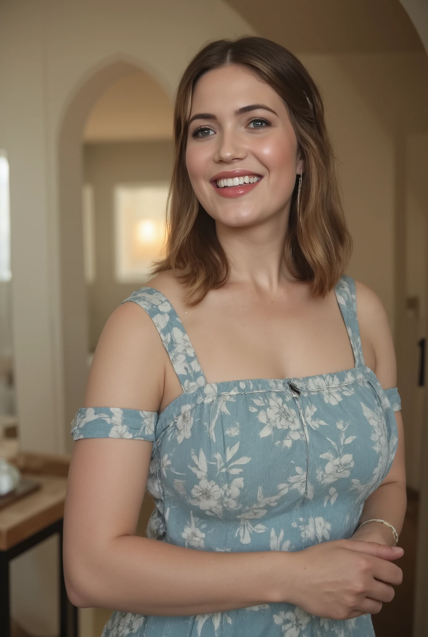 Nordic Face, Looks like Julianne Moore, Highly detailed CG Unity 8k wallpaper, top quality, super detailed, masterpiece, realistic, photo realistic, very detailed cute girl, 45 years old, ((chubby lady:1.3)) , (plump lady:1.3)  , large breasts , cleavage  ,  round eyes, viewer,  smile, parted lips, half body shot  , naked apron , kitchen  , bangs , shoot from the side