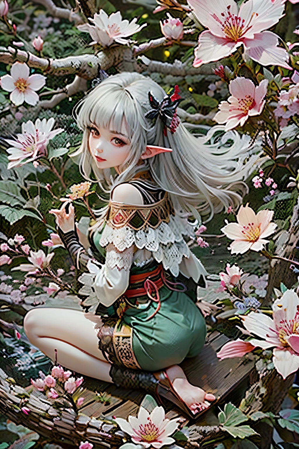 (Ultra-detailed face, Looking away, Gothic Illustration, Dark tone colors. She has five fingers on her hands and five toes on her feet.), BREAK
(The small pale moon shines late at night. Cherry blossoms in full bloom. Fantastic. Mysterious. Elegant. Covered with cherry blossoms in full bloom. Petals sparkling in the wind. Blizzard of flowers. A view looking down on a woman from above.), BREAK
(The dark elf dancer turns her back, twists her body, sits on a thick cherry branch filled with cherry blossoms, gracefully fans the petals with a Japanese fan, and dances with a big wave of her hand. The woman smiles.), BREAK
(She has gray hair, gray eyebrows, blunt bangs, waist-length windswept hair, small pink lips, lavender eyes, dark gray skin, and thick Egyptian eyeliner.), (She wears a small, ornate, semicircular vermilion comb in her hair and a lacy Japanese kimono made of bright green silk with cherry blossoms all over it. She wears white tabi socks and black wooden geta with a red nose strap.)