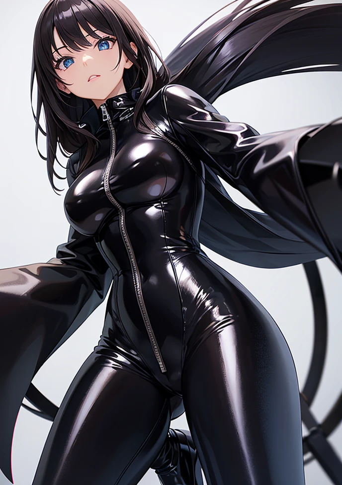very detailed face, detailed clothing, detailed fabric, 1 woman, perfectly drawn body, huge breasts, sexy pose, beautiful face, long black hair, blue eyes, very detailed eyes, pink cheeks, shy expression,  (Shiny black tight bodysuit), black gloves, gloves covering hands, Sensual lips ,  dinner de invierno, Show details at a glance, View from the front, looking at viewer, dark road, Dark Forest, dinner, atmosphere, Fog