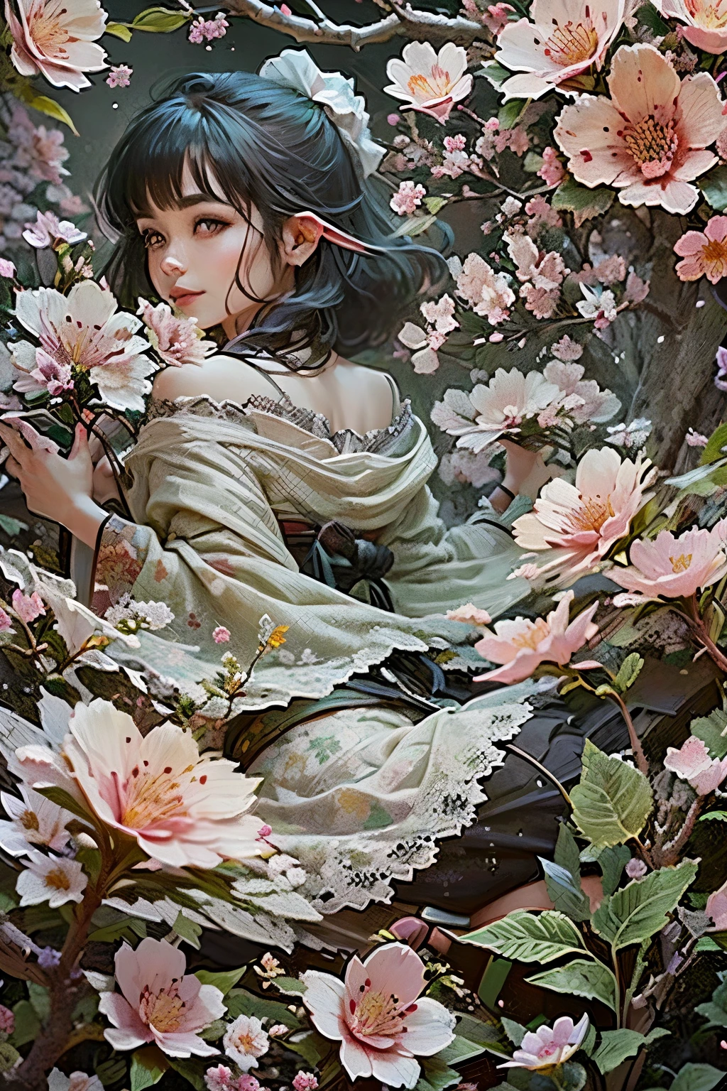 (Ultra-detailed face, Looking away, Gothic Illustration, Dark tone colors. She has five fingers on her hands and five toes on her feet.), BREAK
(The small pale moon shines late at night. Cherry blossoms in full bloom. Fantastic. Mysterious. Elegant. Covered with cherry blossoms in full bloom. Petals sparkling in the wind. Blizzard of flowers. A view looking down on a woman from above.), BREAK
(The dark elf dancer turns her back, twists her body, sits on a thick cherry branch filled with cherry blossoms, gracefully fans the petals with a Japanese fan, and dances with a big wave of her hand. The woman smiles.), BREAK
(She has gray hair, gray eyebrows, blunt bangs, waist-length windswept hair, small pink lips, lavender eyes, dark gray skin, and thick Egyptian eyeliner.), (She wears a small, ornate, semicircular vermilion comb in her hair and a lacy Japanese kimono made of bright green silk with cherry blossoms all over it. She wears white tabi socks and black wooden geta with a red nose strap.)