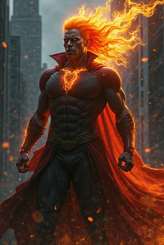Make a medium-long cut blonde man with black pants and black boots with demonic symbols on his red body that controls energy fighting against a galactic being like the galaxy and the universe 