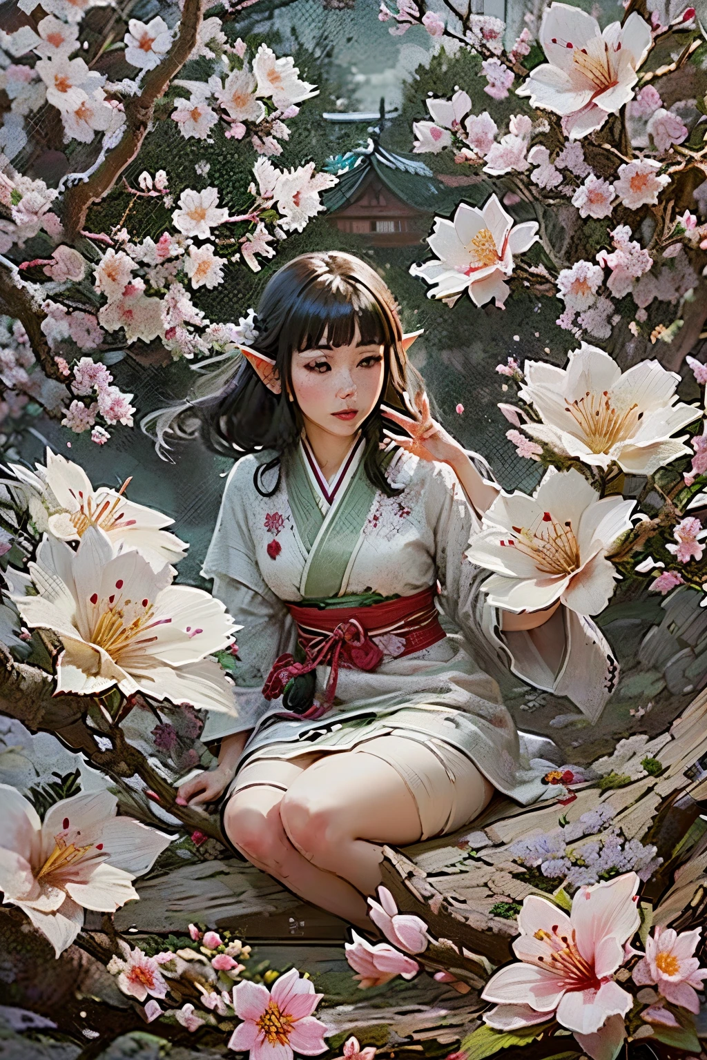 (Ultra-detailed face, Looking away, Gothic Illustration, Dark tone colors. She has five fingers on her hands and five toes on her feet.), BREAK
(The small pale moon shines late at night. Cherry blossoms in full bloom. Fantastic. Mysterious. Elegant. Covered with cherry blossoms in full bloom. Petals sparkling in the wind. Blizzard of flowers. A view looking down on a woman from above.), BREAK
(The dark elf dancer turns her back, twists her body, sits on a thick cherry branch filled with cherry blossoms, gracefully fans the petals with a Japanese fan, and dances with a big wave of her hand. The woman smiles.), BREAK
(She has gray hair, gray eyebrows, blunt bangs, waist-length windswept hair, small pink lips, lavender eyes, dark gray skin, and thick Egyptian eyeliner.), (She wears a small, ornate, semicircular vermilion comb in her hair and a lacy Japanese kimono made of bright green silk with cherry blossoms all over it. She wears white tabi socks and black wooden geta with a red nose strap.)
