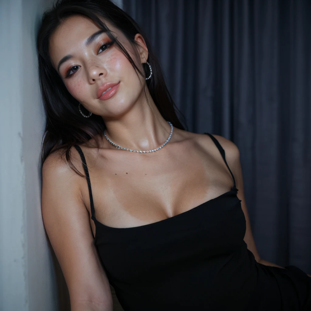 Young Thai woman, fit physique, fitness physique, wearing sexy black lingerie sitting on the couch with legs open, corps sexy, (8K), (best quality), (chef-d&#39;artwork:1.3), (Realistic), (photorealistic:1.34), Ultra-detailed, [Beautiful detailed eyes], (sourire), (sourire), (beautiful nose detailed), [very long blonde hair], (haut court), lingerie noire, (superbes seins taille normale), (Gros plan), Profondeur de champ, full body view, sitting on sofa, legs spread, montrant l&#39;entrejambe, pieds en l'air