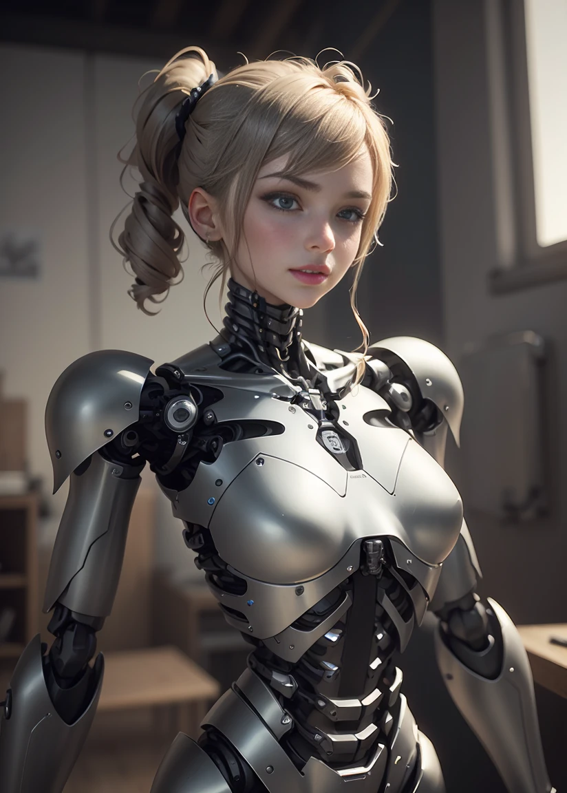 female robot Machine body There's a desk next to me、There is a photo of a man attached.