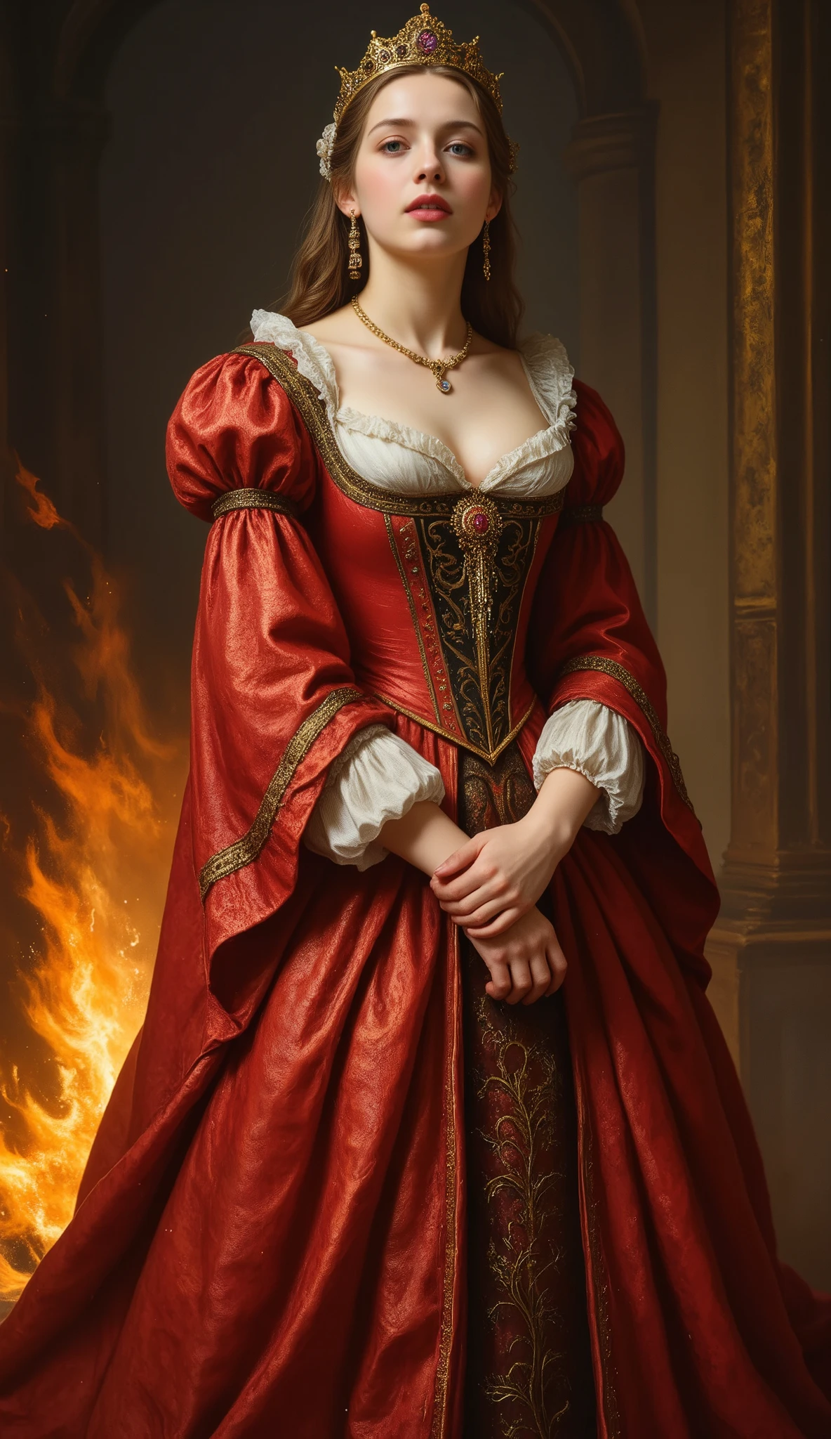 rmbt,
18th century,
1girl, 1guy,
The young queen,
Snow White's stepmother,
A very beautiful woman,
Her heart is as cold as ice, but her beauty is the second highest in the world,
Haughty and condescending attitude,
Her long dress is burning with fire,
The queen is furious,
She is writhing in rage,
Her body is shaking with rage,
Her fists are clenched in rage and ready to raise them,

She orders the hunter to kill Snow White,