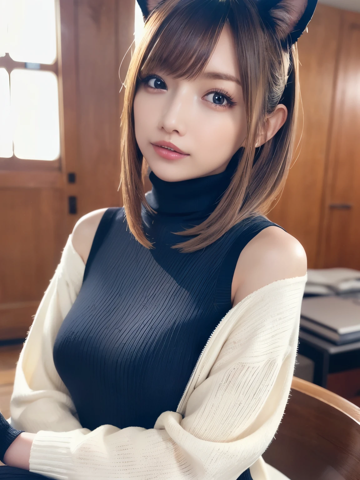 First-person perspective , (masterpiece:1.3), high image quality, very well detailed, very well detailed CG Unity 8k wallpaper, realistic, photo-realistic, RAW photo, beautiful detailed face, 青white skin, realistic glistening skin, detailed cloth texture, Detailed Hair Texture, Perfect Body, beautiful face, accurate, anatomically accurate, very well detailed顔と肌の質感, natural necklace length , (beautiful back), (white skin:1.2), thin legs, thin legs, Good teeth alignment, (Feminine shoulder width),
break,
fine grain, symmetrical eyes, bright Blue Eyes, Double iride, fine eyebrows, (glossy lips:1.4), ( sleepy face:1.2), (:1.3), (Compensate:1.3),
break,
(elegantでキュート:1.3), elegant、(woman wearing a long sleeve turtleneck sweater:1.3), firm stomach, beautiful collarbone,
(BLONDE, straight hair , bob hair:1.2), ((asymmetrical bangs:1.2)),
break,
video viewer, (Lots of:1.3), ( ripped black pantyhose:1.3), (Cat ears:1.2),(sexy thighs:1.3),
(they look just like the same),