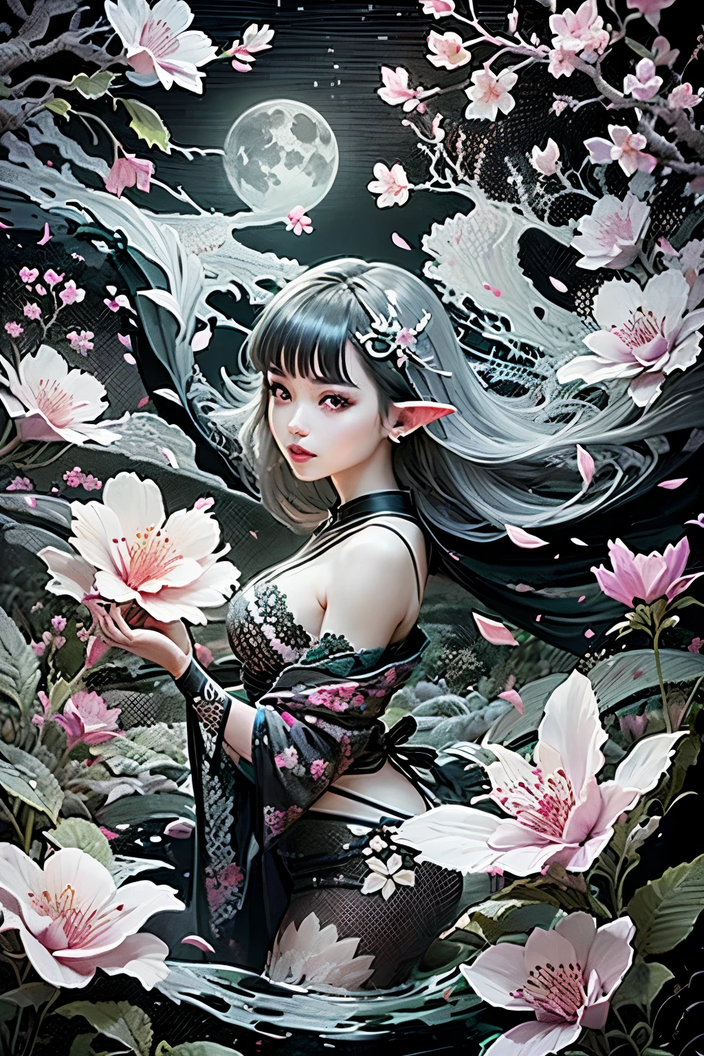 (Ultra-detailed face, Looking away, Gothic Illustration, Dark tone colors. She has five fingers on her hands and five toes on her feet.), BREAK
(The small pale moon shines late at night. Cherry blossoms in full bloom. Fantastic. Mysterious. Elegant. Covered with cherry blossoms in full bloom. Petals sparkling in the wind. Blizzard of flowers. A view looking down on a woman from above.), BREAK
(The dark elf dancer turns her back, twists her body, and stands under a thick cherry tree filled with cherry blossoms, gracefully fans the petals with a Japanese fan, and dances with a big wave of her hand. The woman smiles.), BREAK
(She has gray hair, gray eyebrows, blunt bangs, waist-length windswept hair, small pink lips, lavender eyes, dark gray skin, and thick Egyptian eyeliner.), (She wears a small, ornate, semicircular vermilion comb in her hair and a lacy Japanese kimono made of bright green silk with cherry blossoms all over it. She wears white tabi socks and black wooden geta with a red nose strap.)