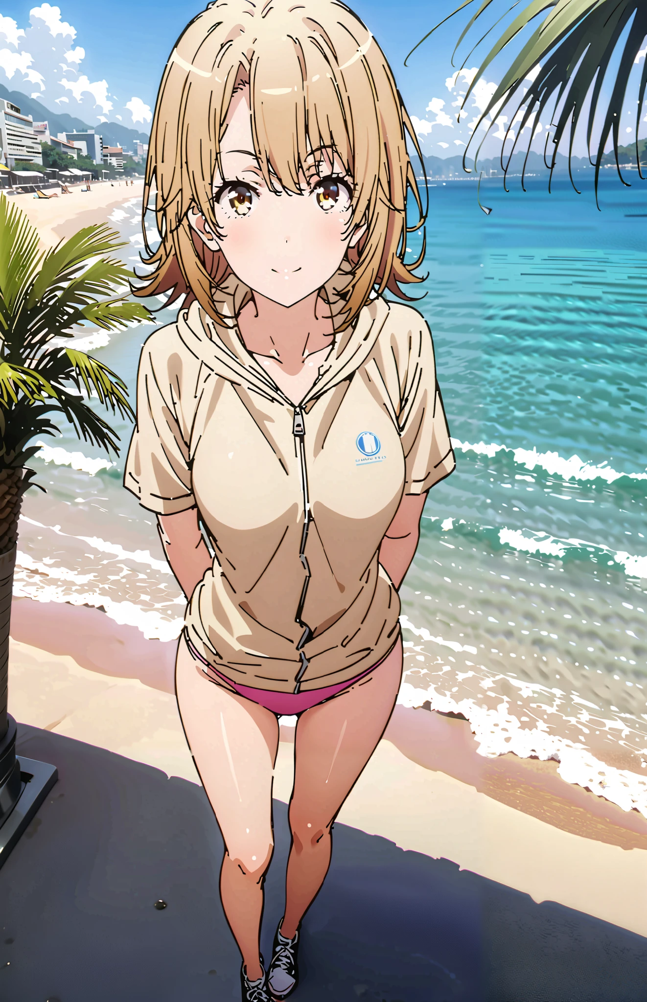 score_9, score_8_up, score_7_up, source_anime,Irohaisshiki, Isshiki Iroha , short hair, black cock, brown eyes,smile,cover,close your mouth,yellow hoodie with zipper,Short sleeve,pink string bikini swimsuit,Front is open ,Bare legs,Palm Trees,turn their hands back,Everlasting summer,noon,clothed,clothed,clothed,Beautiful cityscape,sea,full bodyがイラストに入るように,break outdoors,strand,sea,
break looking at viewer,full body,
break (masterpiece:1.2),top quality , kampala,Unity 8k Wallpaper,(shape:0.8),( fine, beautiful eyes :1.6),It's a person ,full body写真,CG Details , (perfect hands,complete anatomy),