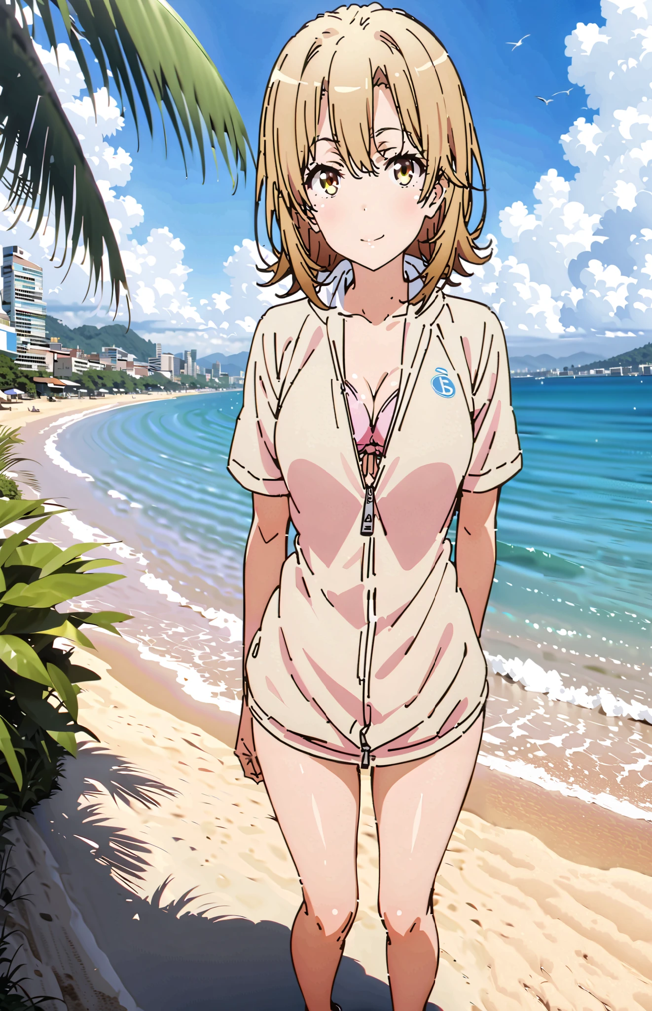 score_9, score_8_up, score_7_up, source_anime,Irohaisshiki, Isshiki Iroha , short hair, black cock, brown eyes,smile,cover,close your mouth,yellow hoodie with zipper,Short sleeve,pink string bikini swimsuit,Front is open ,Bare legs,Palm Trees,turn their hands back,Everlasting summer,noon,clothed,clothed,clothed,Beautiful cityscape,sea,full bodyがイラストに入るように,break outdoors,strand,sea,
break looking at viewer,full body,
break (masterpiece:1.2),top quality , kampala,Unity 8k Wallpaper,(shape:0.8),( fine, beautiful eyes :1.6),It's a person ,full body写真,CG Details , (perfect hands,complete anatomy),