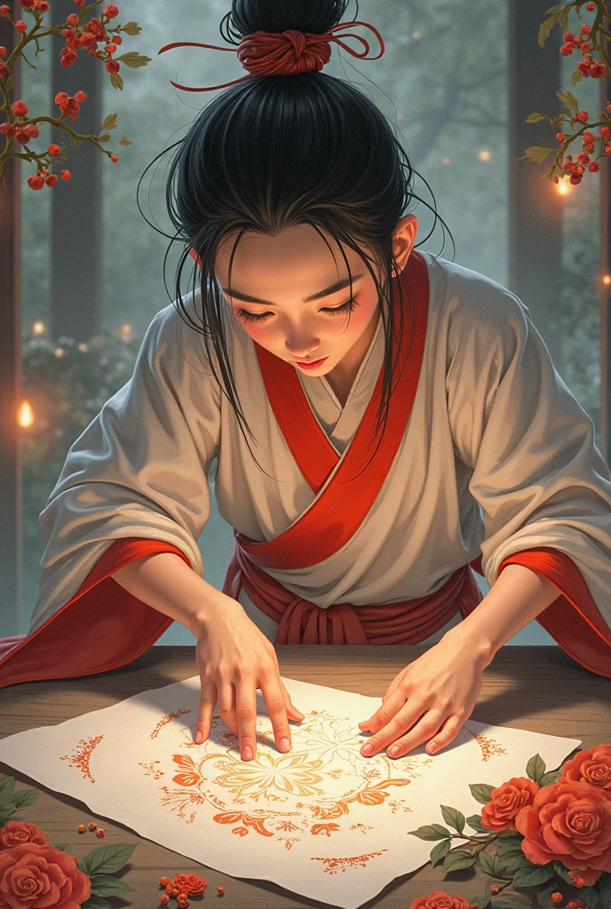 Musashi writing calligraphy representing the five rings