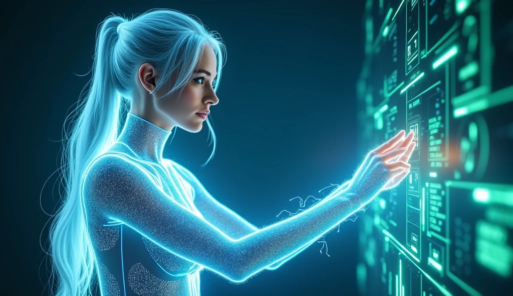 Standing An enlightened being connects telepathically with a human being, a black-haired woman, the woman writes, Spiritual Channeling. Photorealism, full view, highly detailed image, highly realistic, hyperrealism, cinematography, Ultra HD, 8k, Unreal Engine 5, sharp focus, intricate and mysterious masterpiece. (Long exposure photography Highly detailed, high-detailed close-up portrait art illustration - Final quality medium shot, backlit, rich and eye-catching. Enigmatic and mysterious manipulations (rule of thirds composition), ((detailed environment with lines strong), Better quality, on camera, white light, warm and clean aesthetics, dazzling screen composed of millions of bright ultraviolet lights, HDR.