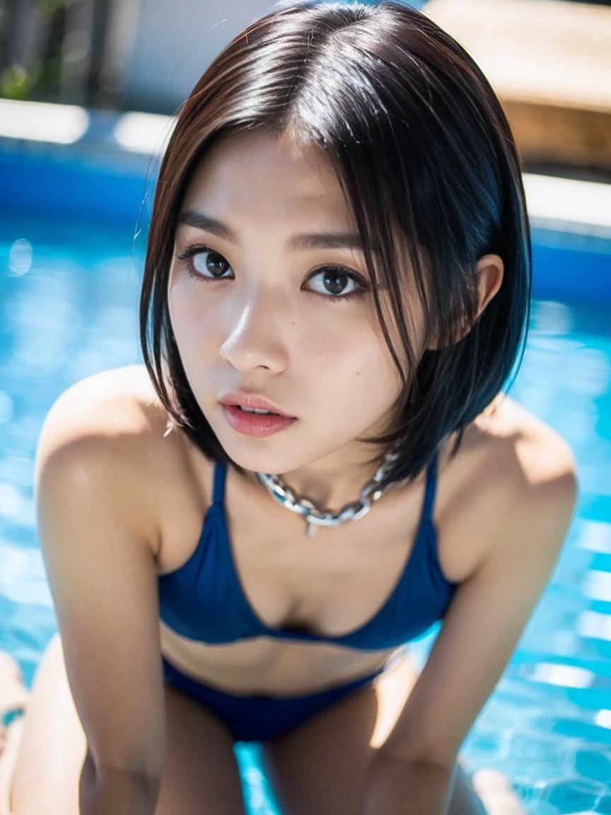 triangle-bikini,(open mouth:1.5),(tongue out:2),Kneeling,Hands between legs,Collar with leash,front view,from above,cowboy shot,(1girl,Beautiful 14 year old girl,ager),((Slender,Small breasts,Small face,)),(looking at viewer),Black Hair,bangs,straight,Beautiful and detailed,Poolside
