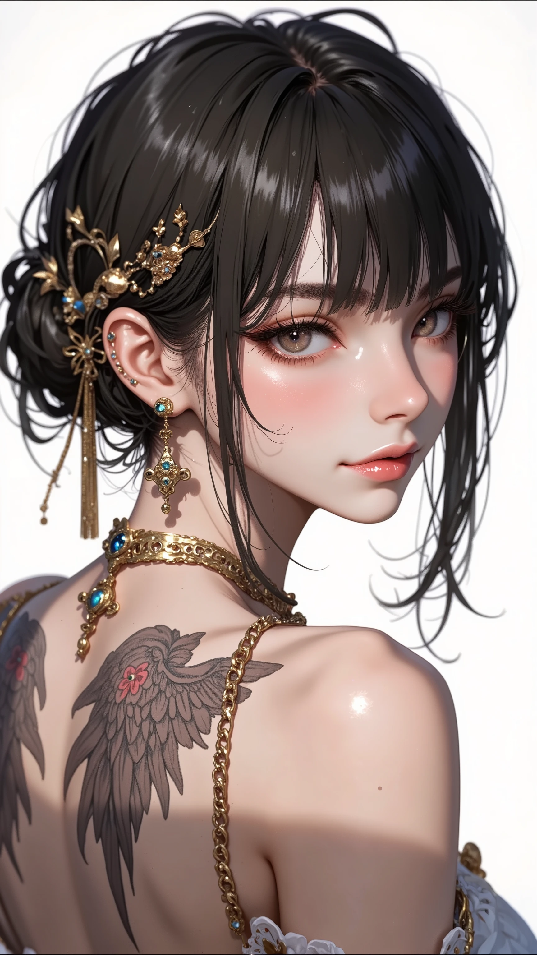 ((top quality)),( ultra high definition ),(very well detailed),(Detailed Explanation),(( best CG )),(masterpiece),super detailed art,Amazing Painting Art,(art with delicate details:1.5), woman, beautiful and well-groomed face, profile, sharp gaze, backless dress, Gold Chain, jewelry back necklace, beautiful back, wing tattoo,