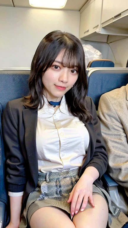 ((Highest quality, 8k, masterpiece:1.3, 1 girl, beautiful girl)), nsfw:0.8,High resolution, cute, dynamism、 Detailed face, Detailed skin, Detailed eyes, Detailed lips, Realistic, RAW Photos, Natural light, Perfect Anatomy, Dynamic pose, Toned Feet, 極端な露出狂のプレイボーイモデルのcute女の子, Large breasts :1.3, (Slender figure :1.0), smile:1.2, Brown hair,Long Hair、((She puts on her jacket, lifts her miniskirt, and sits with her legs wide open.:1.6))、 (Multi-colored inner hair), (Subway seats、boobout:1.2、full opened pussy:1.0), (Face shot:1.9), (From below:1.1),