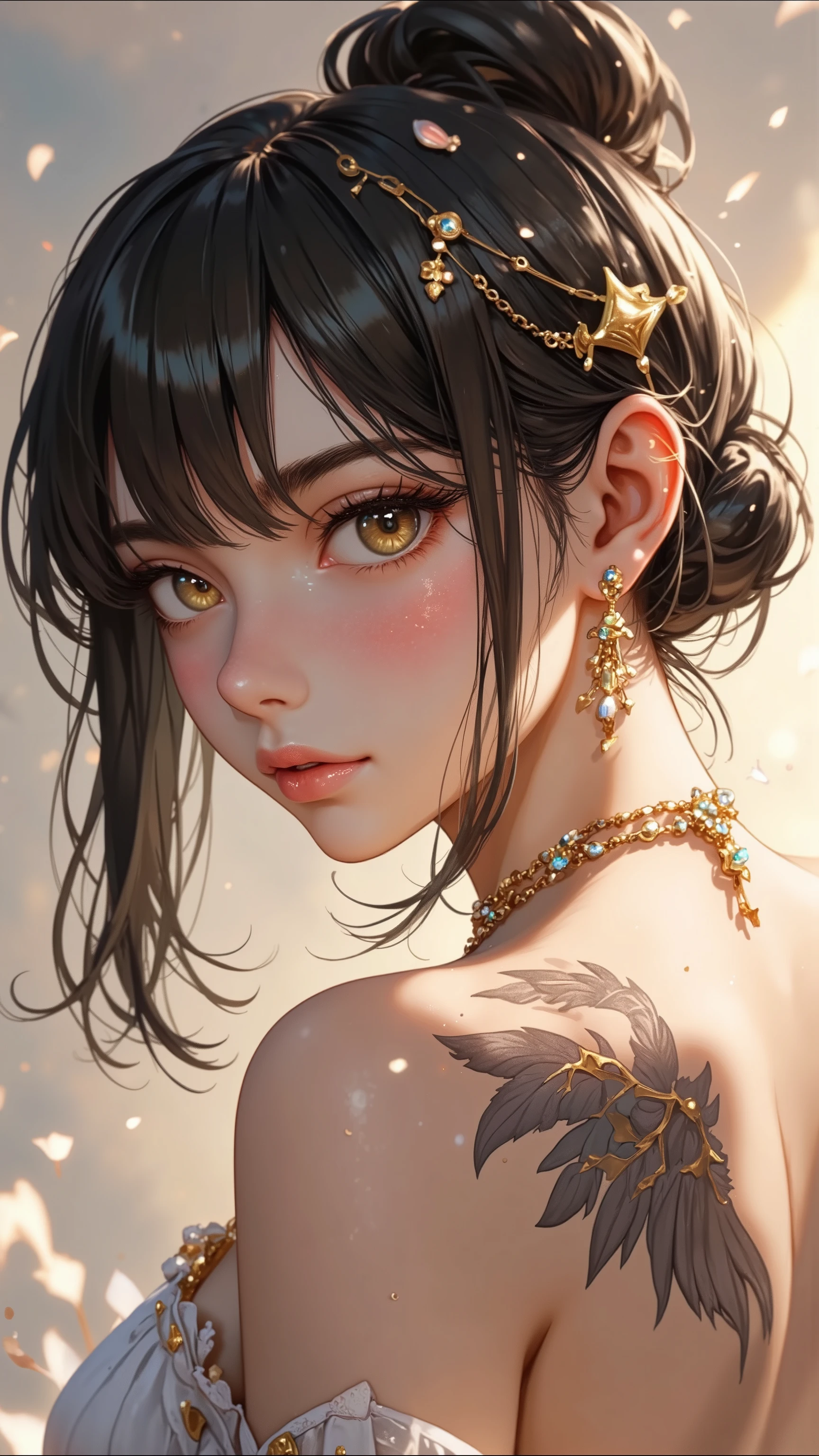 ((top quality)),( ultra high definition ),(very well detailed),(Detailed Explanation),(( best CG )),(masterpiece),super detailed art,Amazing Painting Art,(Art with Delicate Details:1.5), woman, beautiful and well-groomed face, profile, sharp gaze, backless dress, Gold Chain, jewelry back necklace, beautiful back, wing tattoo,