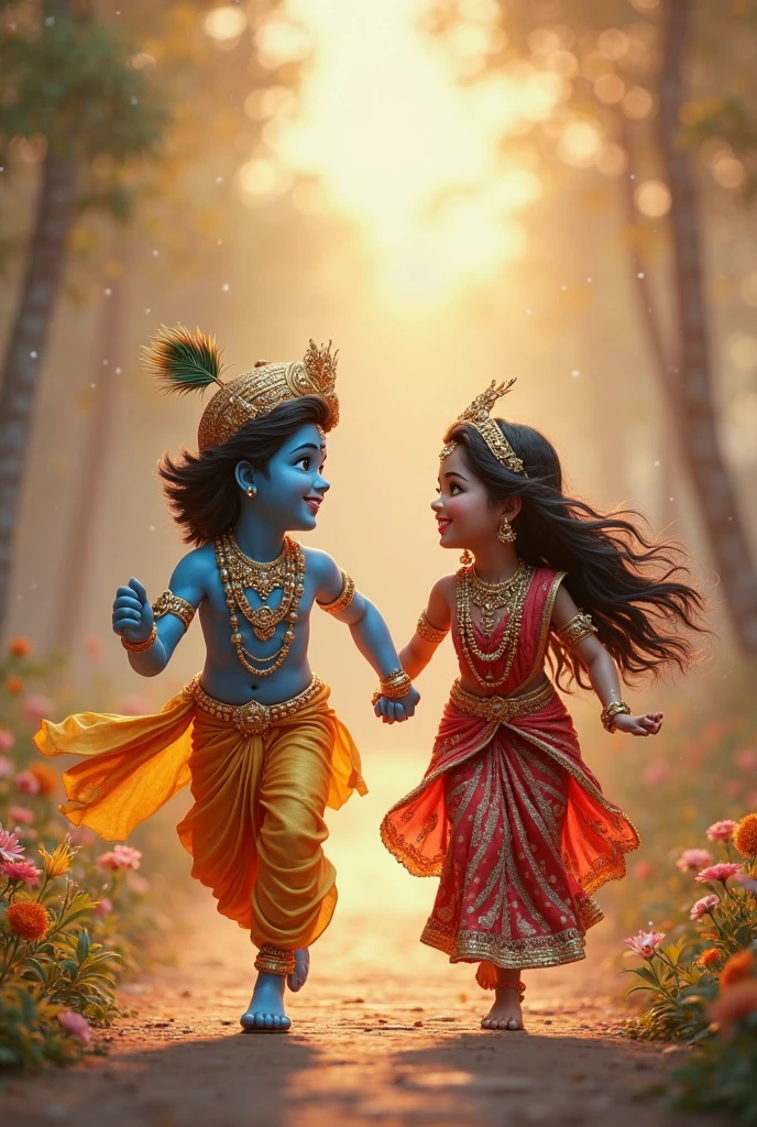 An absolutely realistic image Bal Krishna got a thorn in his feet Yashoda Maa Khadi is walking He is walking with a smile on his face Body color blue blue dark There should be more wings in the ball Eyes are open The yellow dhoti is walking through the street There is movement of white mail Moin