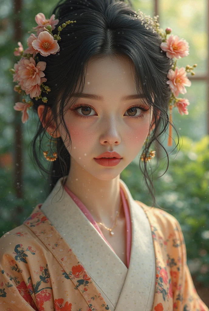 (surrealistic), (illustratio), (hight resolution), (8K), (ighly detailed), (The best illustrations), (beatiful detailed eyes), (top-quality), (ultra-detailliert), (​masterpiece), (wall-paper), (详细的脸),Photo of a woman wearing a light green Ao Dai with a floral pattern、top-quality、​masterpiece、(realisitic:1.2)