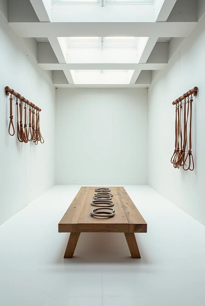 In a BDSM studio, there is a wall, lit to highlight a collection of whips hanging neatly. Each whip has unique details of leather, chains or other materials, reflecting the diversity and quality of the products available.