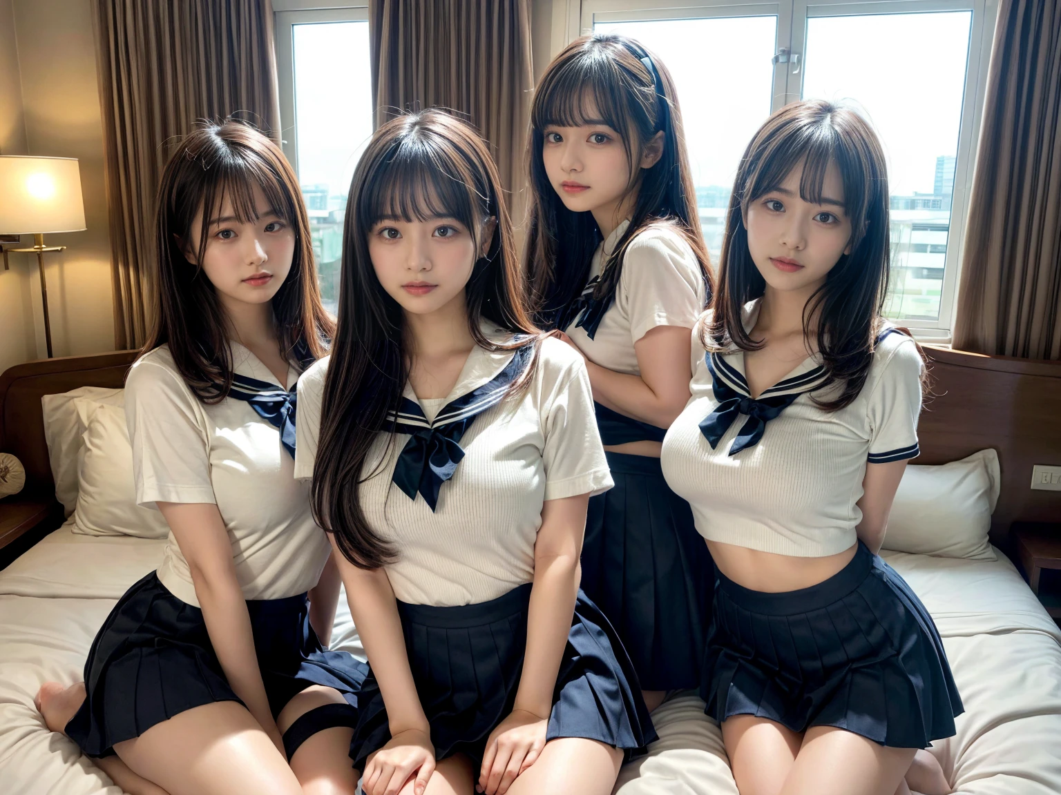 ((Four schoolgirls sitting on bed,Sit across from me,Look at me affectionately fascinated、Enraptured look,Trance,Everyone sees the camera perfectly,1 beautiful girl who is half Spanish,a blond,Brown hair,A dark-haired,photoRealstic,Luxury hotel bed taken from the lap,Same uniform,japanese,4 schoolgirls,Play with each other,Touching each other's bodies,Touching the body of the girl next door,4 Close contact,Very hilarious pose)),(Navy blue skirt in a sailor suit、Red ribbon and white shirt,Same ,(large full breasts,very huge round breasts),Beautiful makeup,glitter makeup,Cutest 18 years old)),((Realistic lighting,during daytime,The background is a luxury hotel room,A detailed face,perfect teeth,White teeth,finerly detailed face,Beautiful face,an ecstatic look on one's face,Perfect fingers,Accurate 5 fingers,high-definition RAW color photography, professional photograpy, extremely delicate and beautiful, Extremely detailed,finely detail, Huge file size,Top image quality,8K))