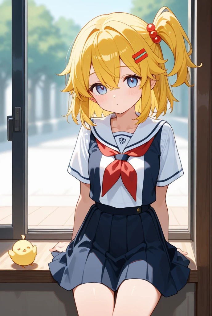 1 girl、cute、Large Breasts、black eye、Bright yellow hair、Short Hair、Afro Twintails、Drill Hair、Pulled her hair back、Hair flap、;/、Standing with head tilted、Lying on your back、Sailor suit、Navy blue ribbon、Fishnet tights、(((Embarrassment)))、(vaginal sex:1.5)、(Beautiful Landscape)、evening、Droopy eyes、Exposed nipples、 School Bags、very high quality and very detailed、An illustration、contrasted、cute anime face、Cinematic lighting、Cinematic Angles(((Game CG)))、Beautiful eyes and a sophisticated face、Glowing Skin、、smile、blush、Glossy lips、。Baby Face、、(chastity focus)、Double teeth、front、((((Big Breasts))))、Sit on the bed、horn、(((((Small body)))))、Black Playboy Bunny、Brown eyes、Spread your legs、Angle from below、heart❤、((Sweat、steam))