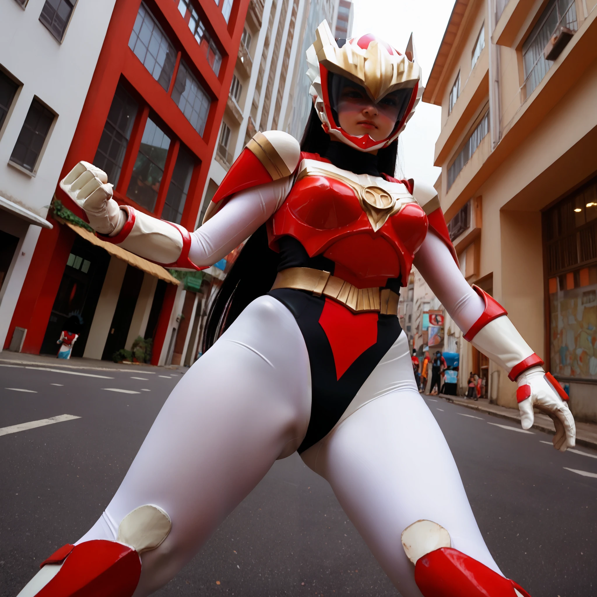 (helmet, visor:1.1),score_9, score_8_up, score_7_up, source_anime, zPDXL, zPDXLpg,1girl, solo, sazermithras, white bodysuit, black leotard, belt, armor, white gloves, gauntlets,black hair, very long hair, (hair between eyes:1.2), red eyes, tsurime,blush,ass visible through thighs, outdoors, city, street,break,Sazer_Mithras open thighs manspread,fighting stance,shoot from below,
