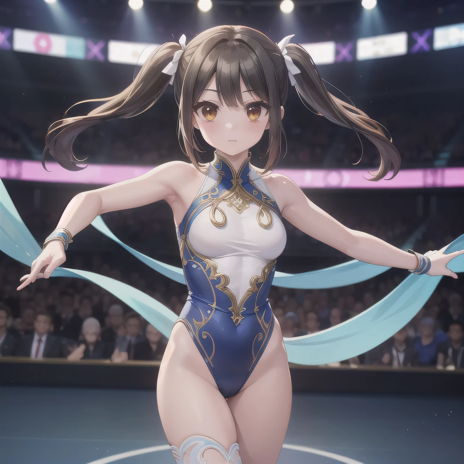 (high quality1.4), (finely detail:1.4), (nsfw), 1girl, (slender), (blunt bangs), (side-parted bangs), (medium breasts), (covered erectile nipples), brown eyes, dark orange hair, ((double bun)), (yellow tassel hair ornament:1.3), (swept bangs), ((light blue leotard)), ((leotard only)), (cameltoe), solo, ((very bright stadium:1.4)), (8K, ultra high res, masterpiece, best quality:1.2),